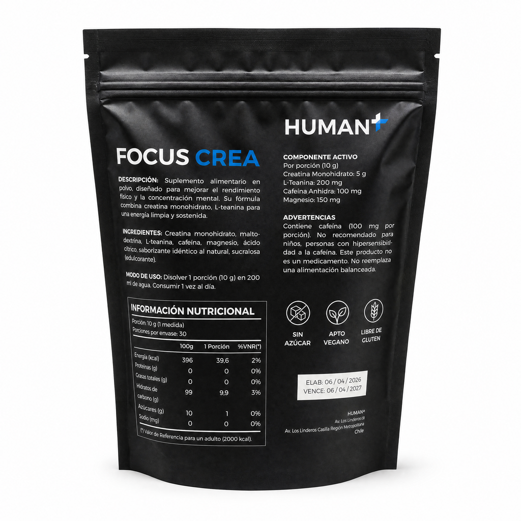 Focus Crea · Creatina 5g + L-Teanina + Cafeína · Energía y Enfoque · 300 g (30 porciones) Natupura