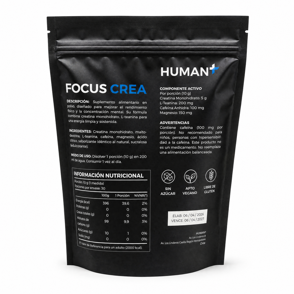 Focus Crea · Creatina 5g + L-Teanina + Cafeína · Energía y Enfoque · 300 g (30 porciones) Natupura