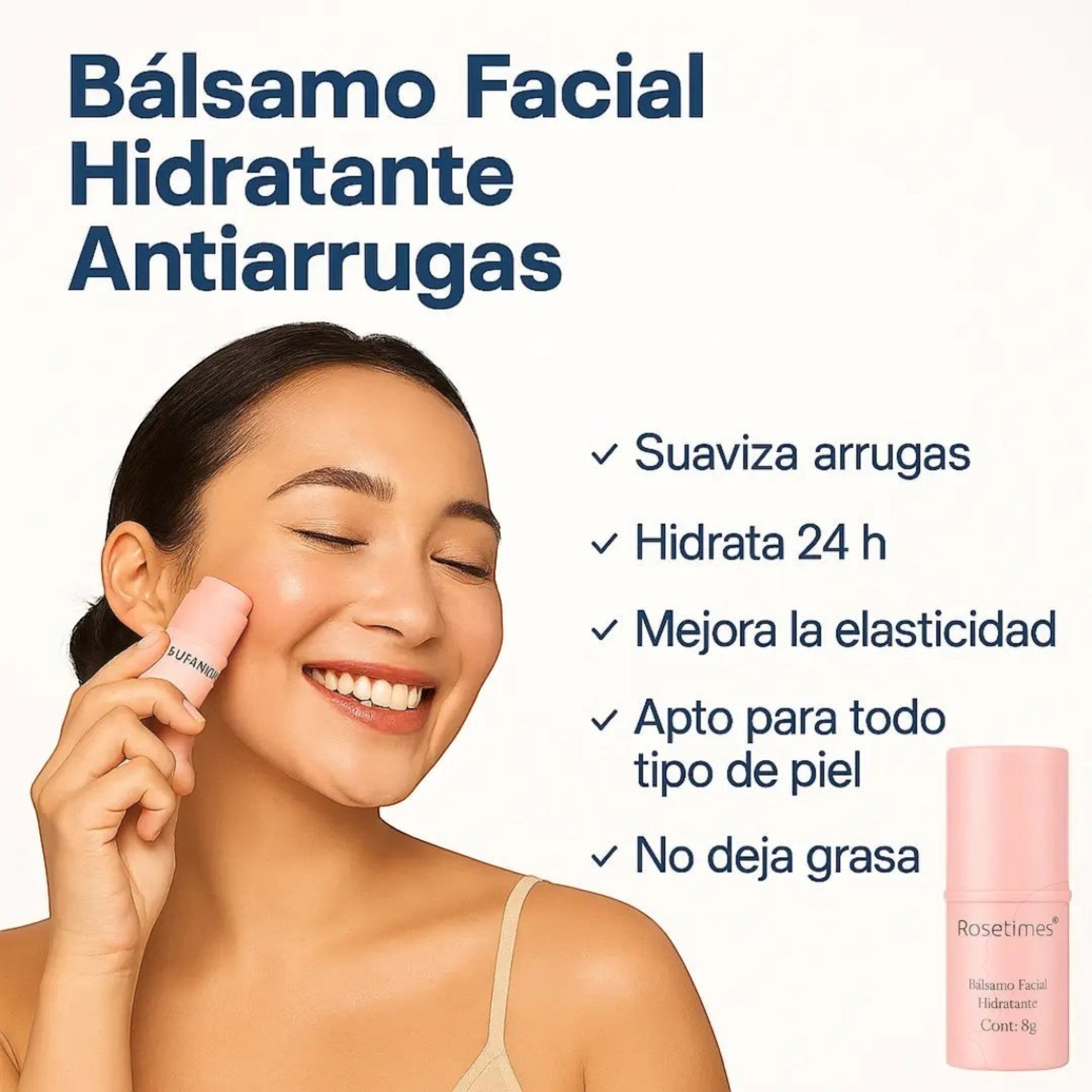 Mujer aplicando bálsamo facial hidratante Natupura en stick sobre su mejilla para suavizar arrugas y dar luminosidad.