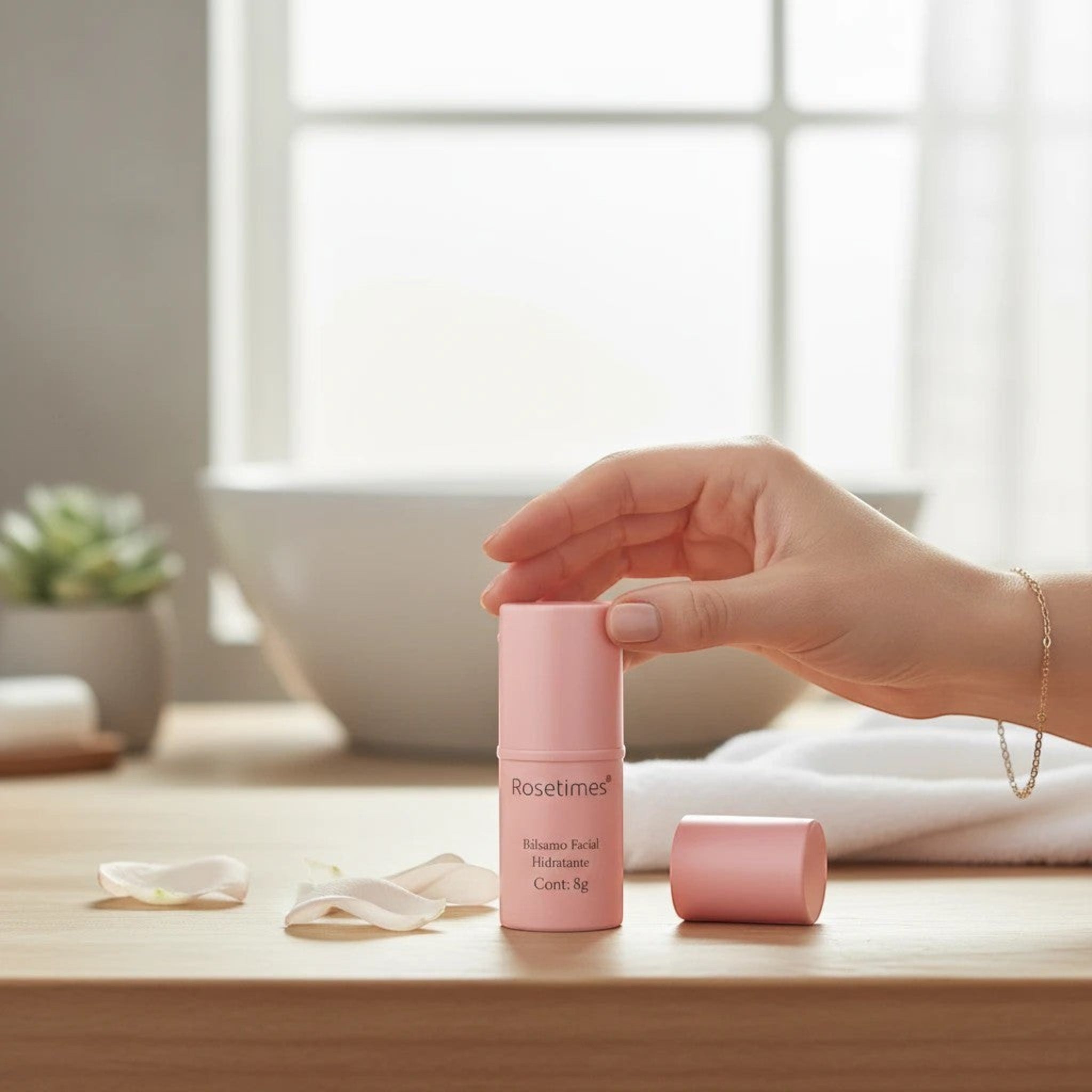 Bálsamo facial hidratante Natupura en formato stick rosa con ácido hialurónico para suavizar líneas de expresión