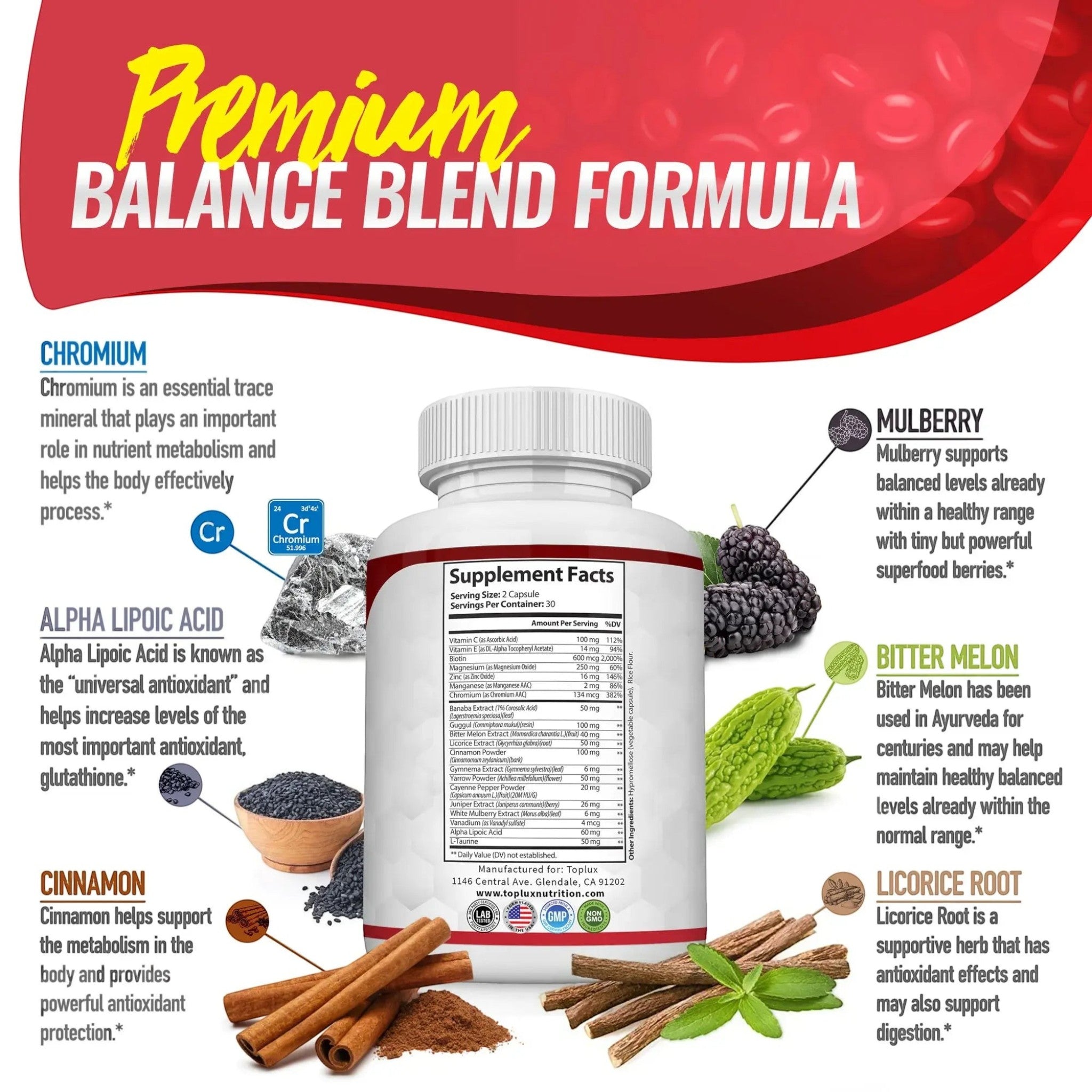 Frasco de Natupura Blood Sugar Complex rodeado de ingredientes naturales como canela, moras y melón amargo