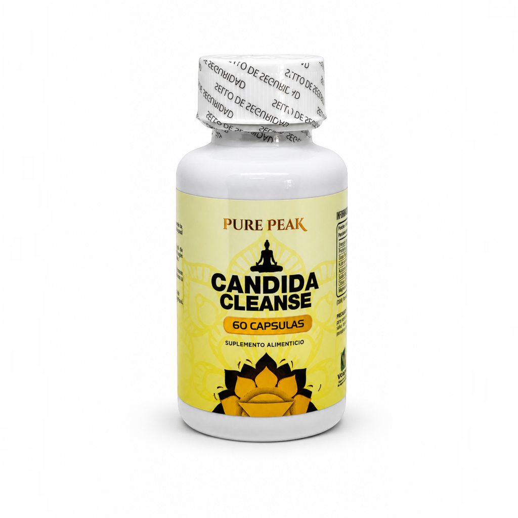 Frasco de suplemento Natupura Candida Cleanse con etiqueta amarilla y blanca, diseñado para la salud digestiva.