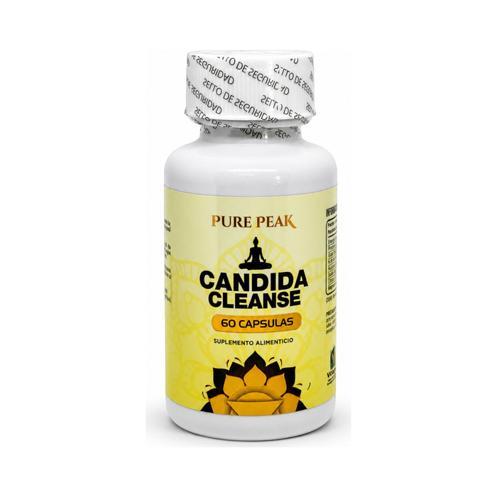 Frasco de suplemento Natupura Candida Cleanse con etiqueta amarilla y blanca, diseñado para la salud digestiva.