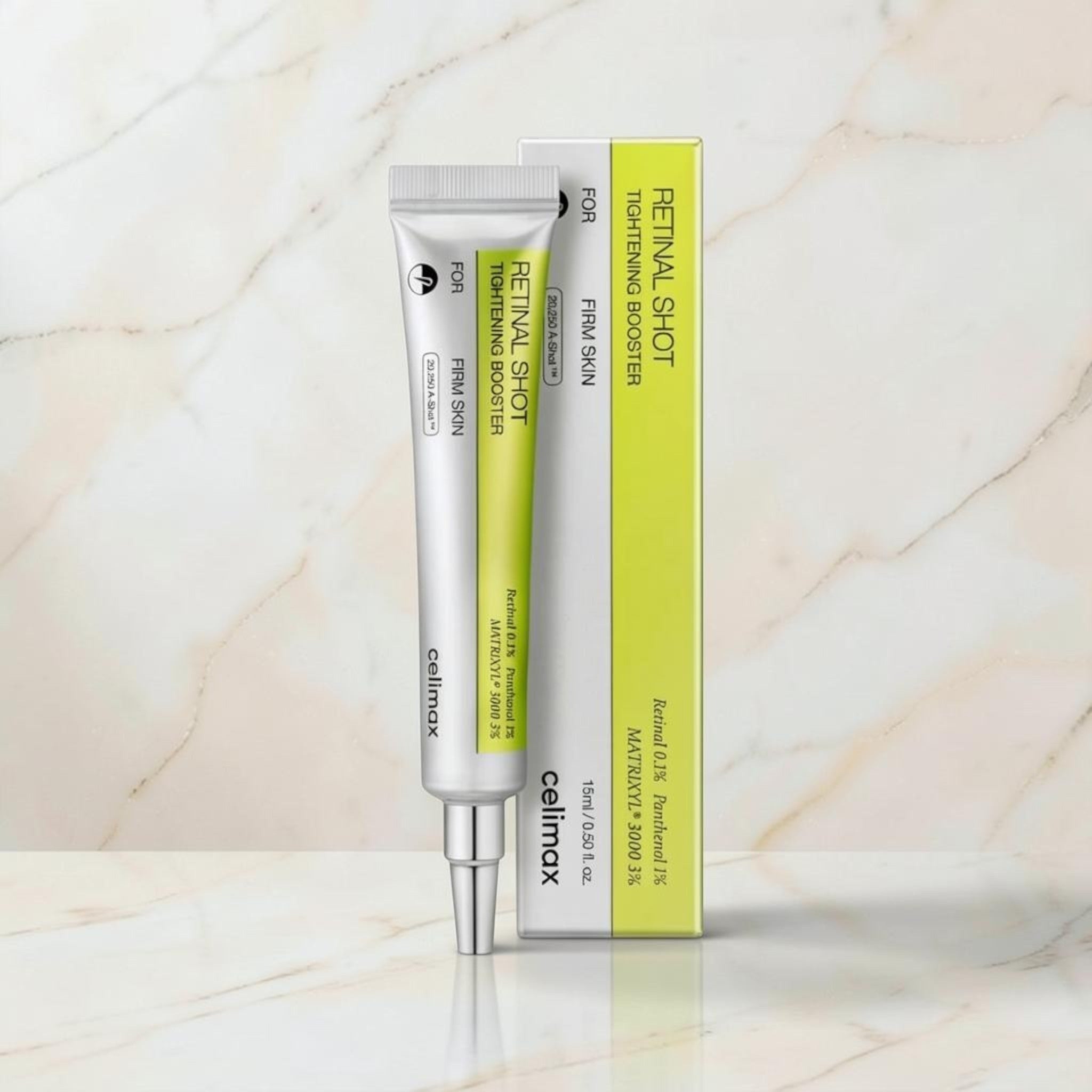 Sérum antiedad Celimax Retinal Shot con vitamina A y péptidos, en envase de 15 ml junto a su caja, de Natupura.