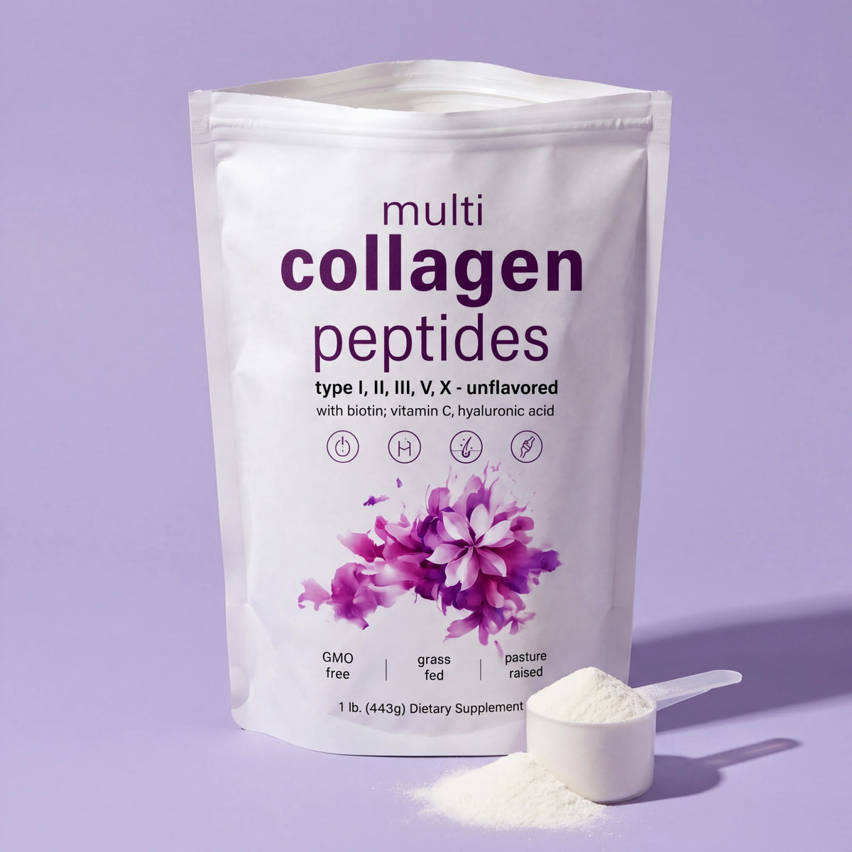 Bolsa de colágeno abierta con medida de polvo sin sabor