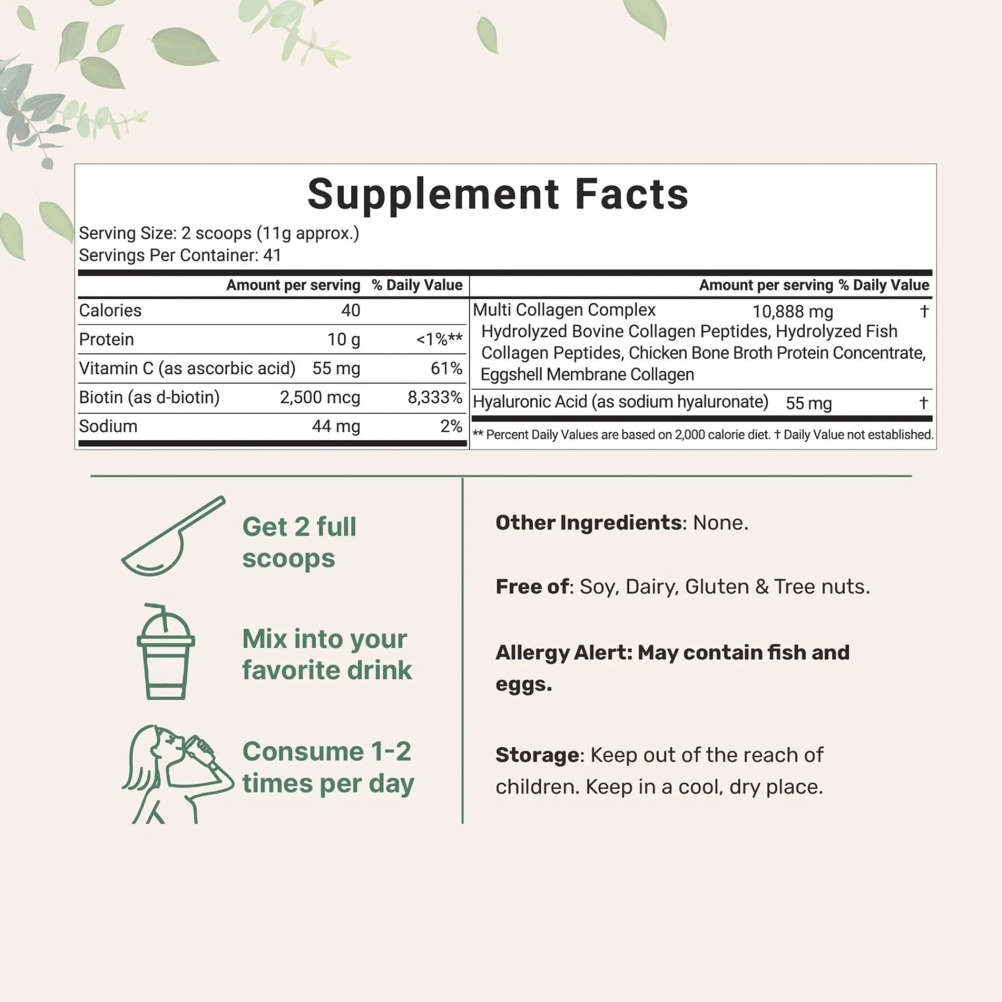 Tabla de información nutricional de Natupura Multi Collagen Peptides con ingredientes, dosis y beneficios detallados