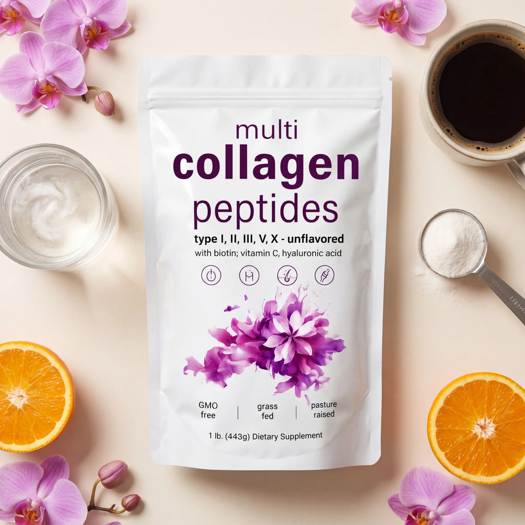 Colágeno en polvo con café, agua, naranjas y orquídeas