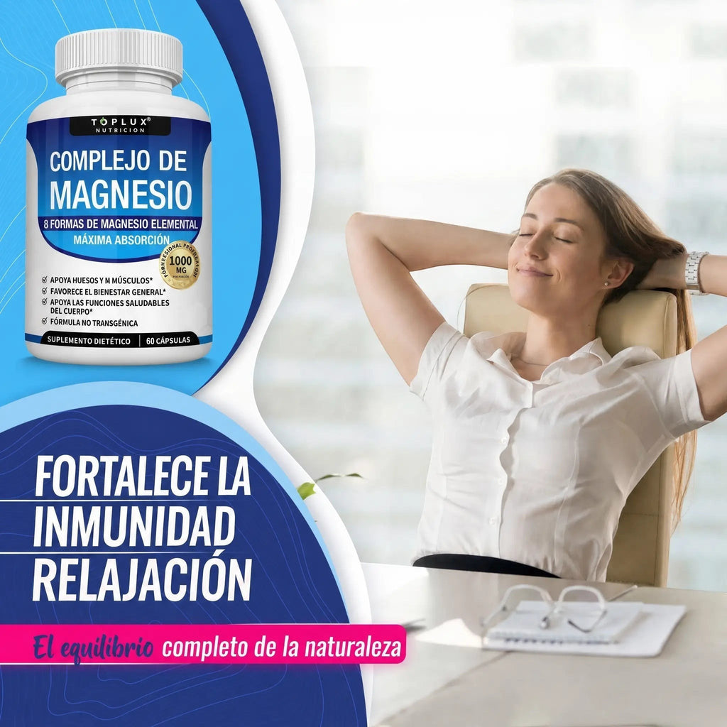 Frasco de Natupura Magnesio Complex 8 en 1 junto a una mujer relajada en una oficina, promoviendo descanso y bienestar.