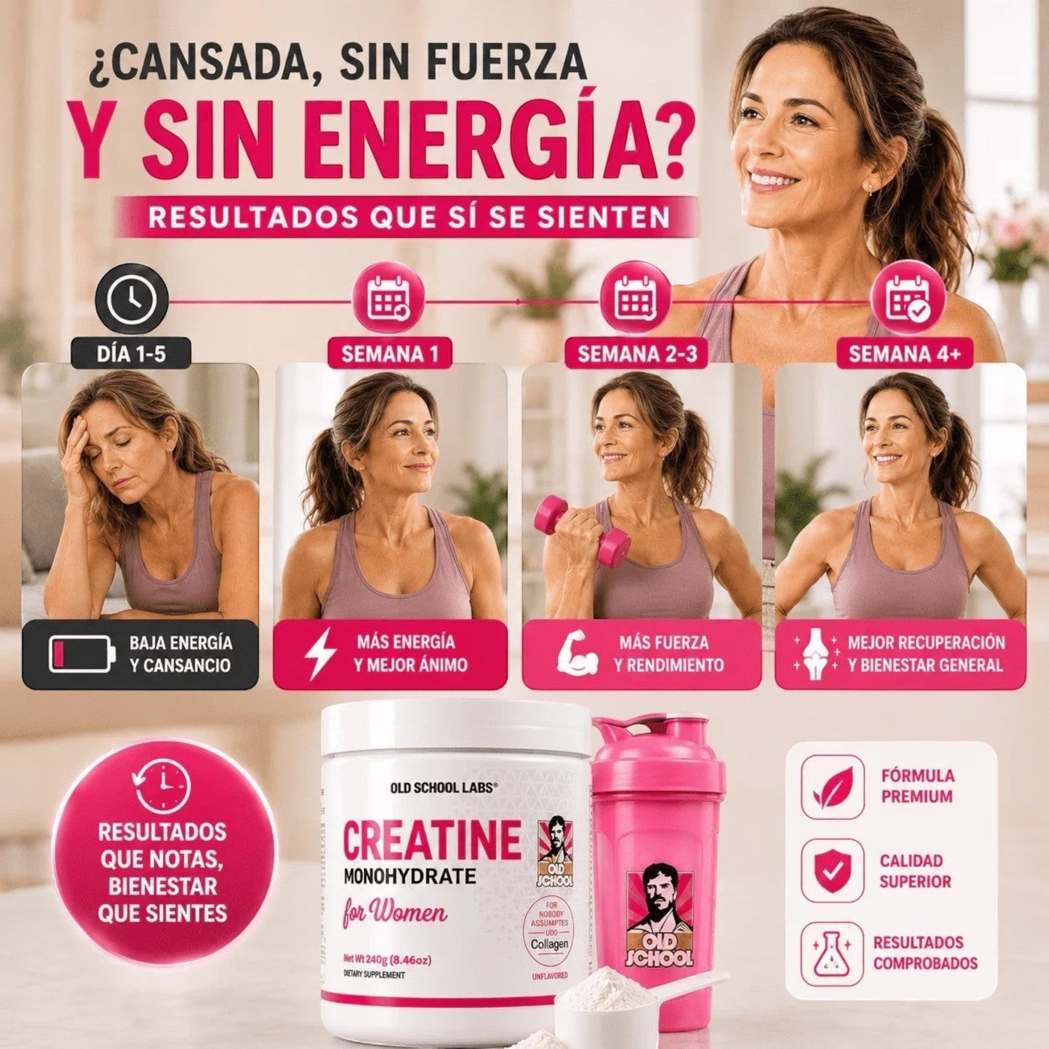 Infografía de Natupura mostrando beneficios de creatina para mujeres, con mujer activa y envase de suplemento.