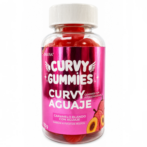 Frasco de Natupura Curvy Gummies con aguaje, suplemento en gomitas sabor frutos rojos para el bienestar femenino.