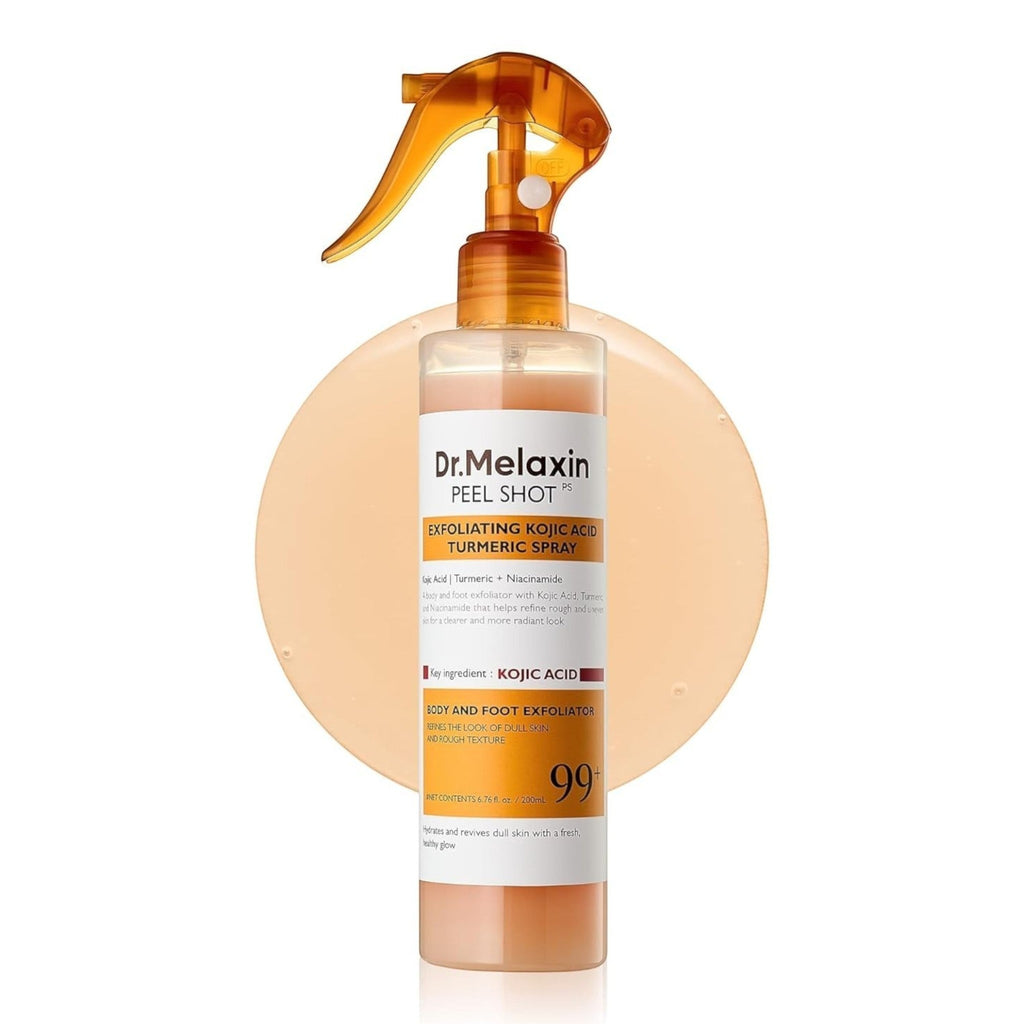Spray exfoliante corporal Dr. Melaxin Peel Shot de Natupura con ácido kójico y cúrcuma para aclarar zonas oscuras.