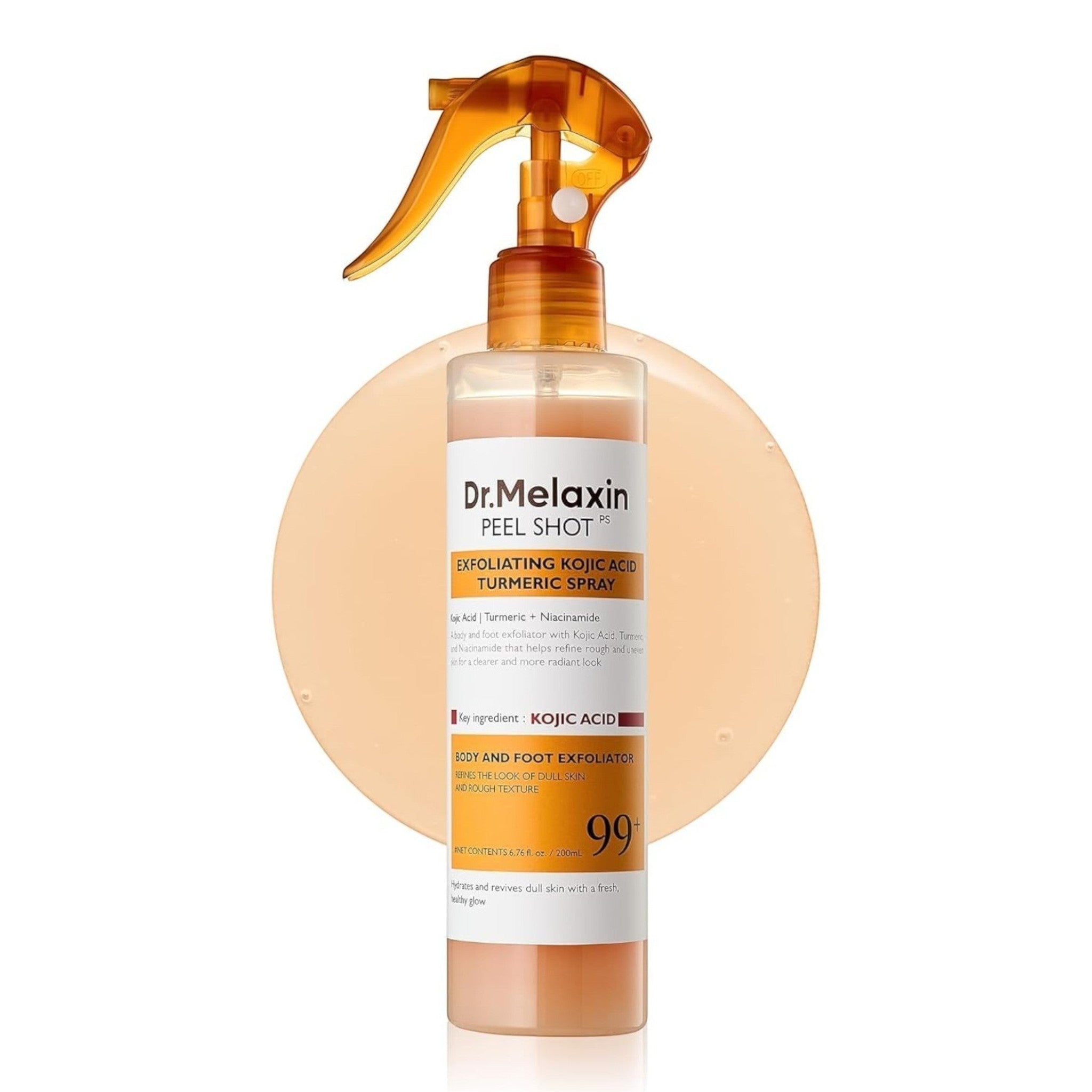 Spray exfoliante corporal Dr. Melaxin Peel Shot de Natupura con ácido kójico y cúrcuma para aclarar zonas oscuras.