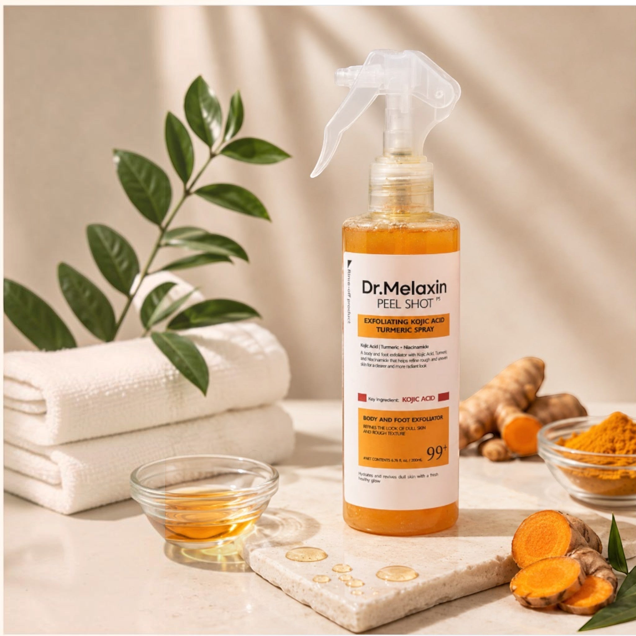 Spray exfoliante corporal Dr. Melaxin Peel Shot de Natupura con ácido kójico y cúrcuma para aclarar zonas oscuras.