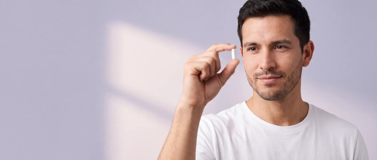 Hombre sosteniendo una cápsula de suplemento Natupura