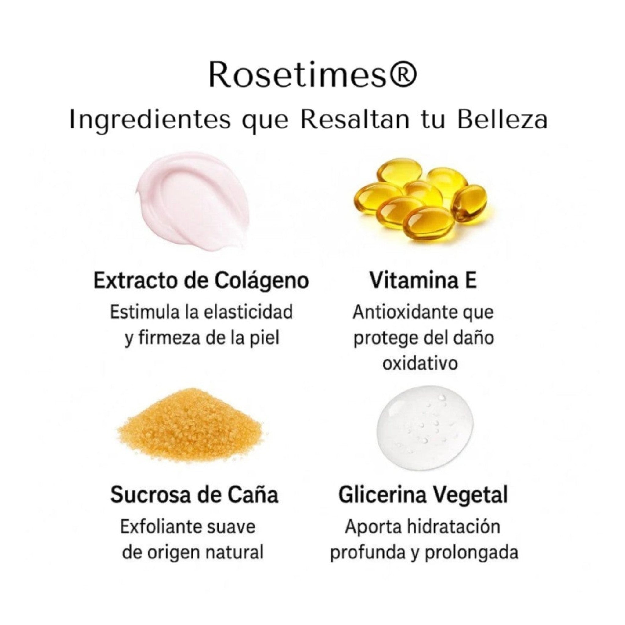Infografía de ingredientes Natupura con colágeno, vitamina E, sucrosa de caña y glicerina vegetal para el cuidado facial