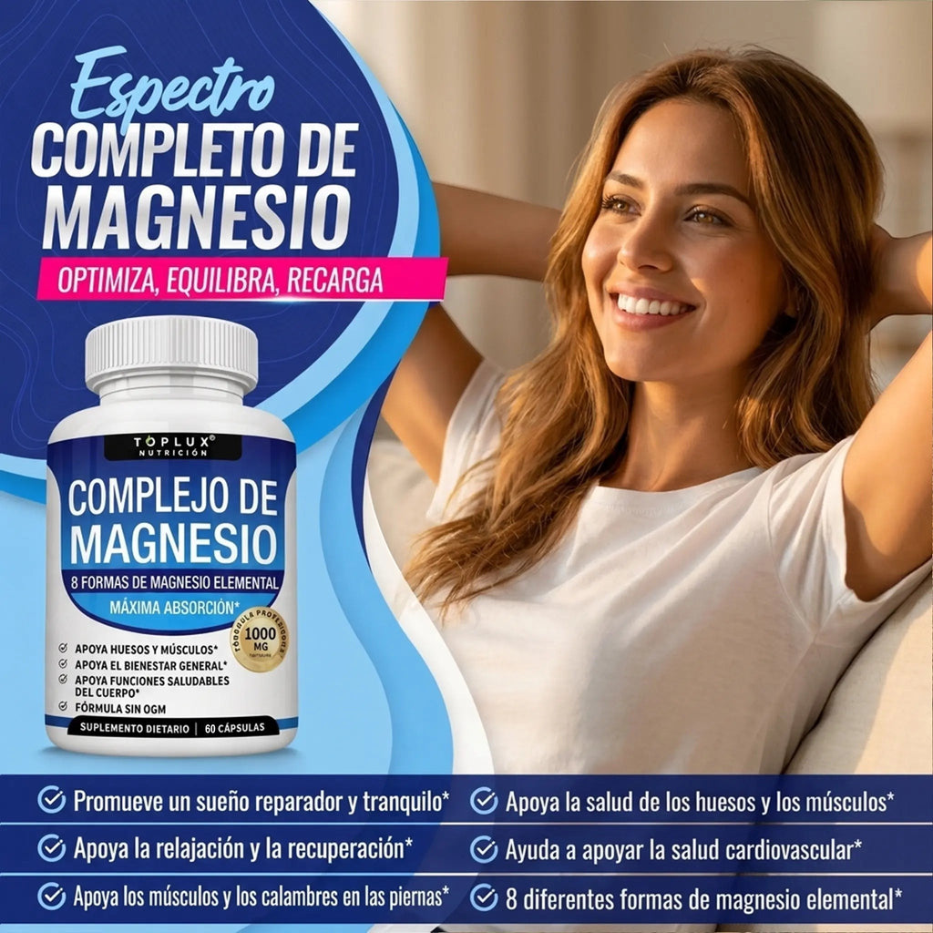 Frasco de Magnesio Complex 8 en 1 de Natupura junto a una mujer sonriente y descansada, promoviendo bienestar y energía.