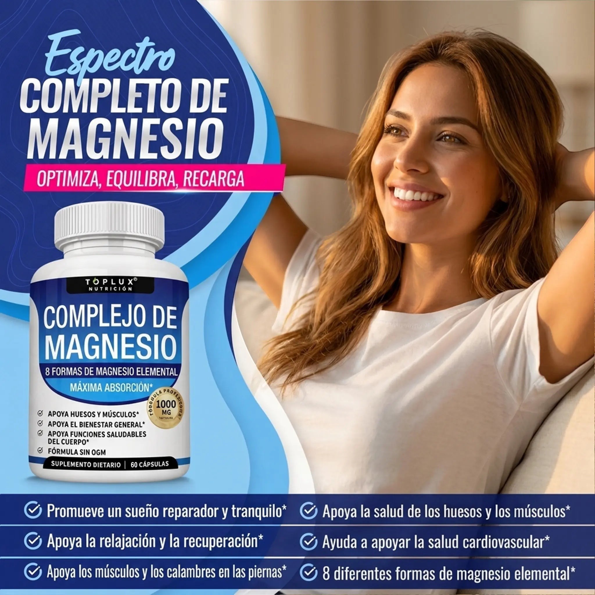 Frasco de Magnesio Complex 8 en 1 de Natupura junto a una mujer sonriente y descansada, promoviendo bienestar y energía.