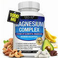 Frasco de Natupura Magnesio Complex 8 en 1 con 1000 mg, rodeado de alimentos naturales como aguacate, nueces y plátano.