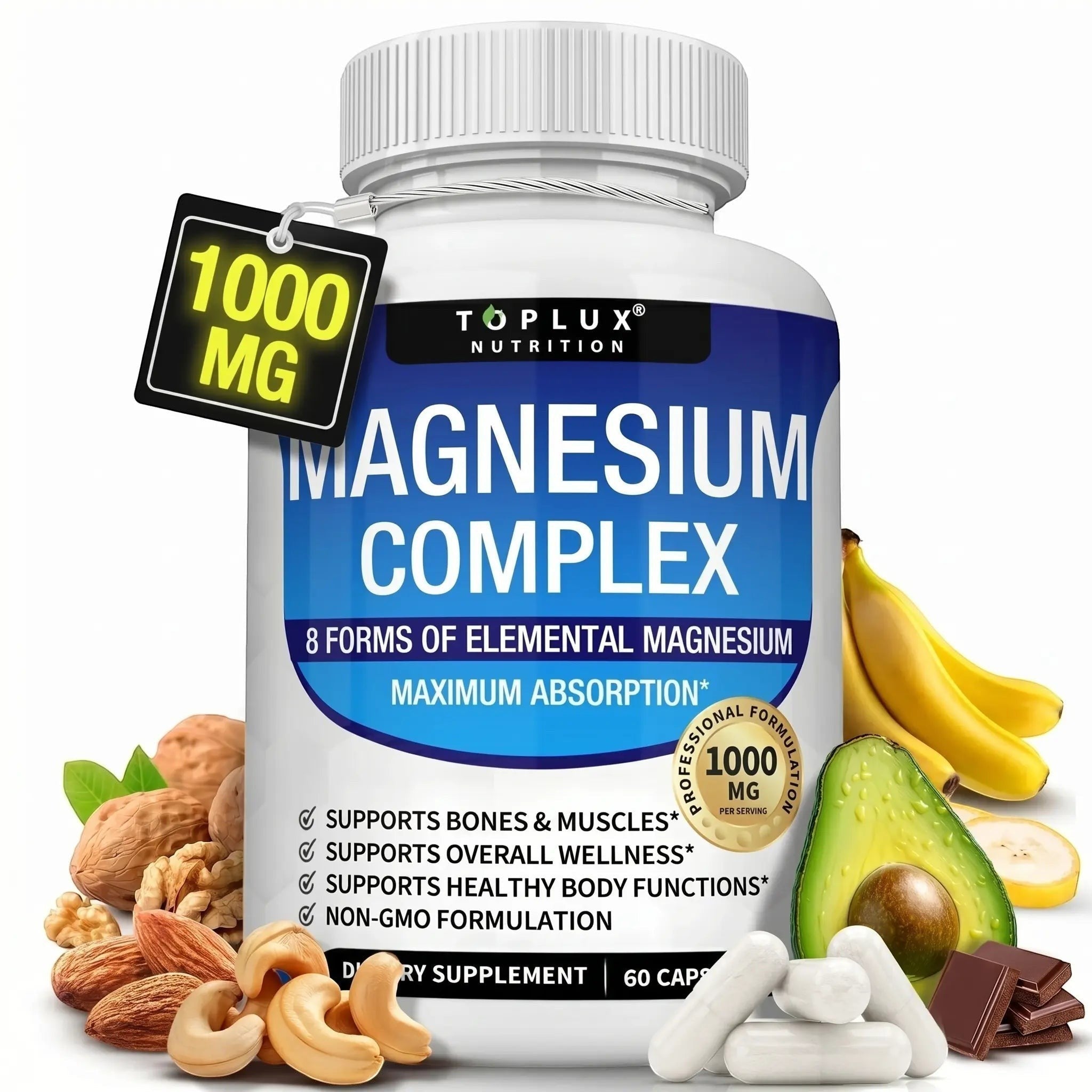 Frasco de Natupura Magnesio Complex 8 en 1 con 1000 mg, rodeado de alimentos naturales como aguacate, nueces y plátano.