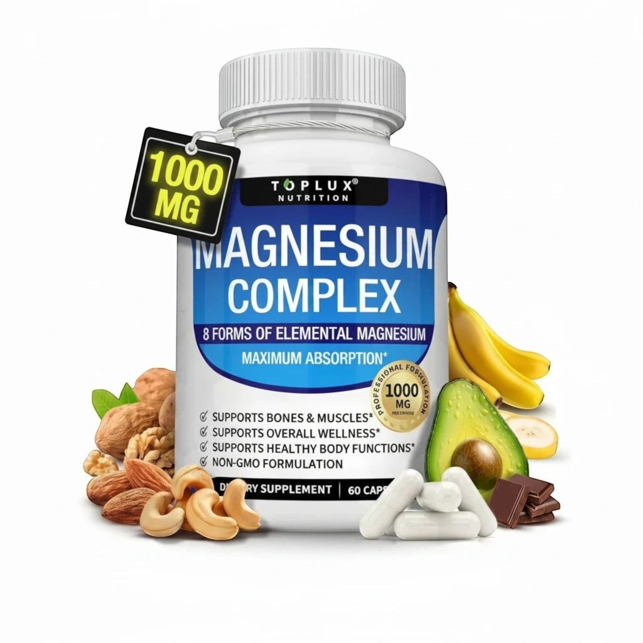 Suplemento Natupura Magnesium Complex 8 en 1 con 1000 mg, rodeado de alimentos naturales como aguacate, plátano y nueces.