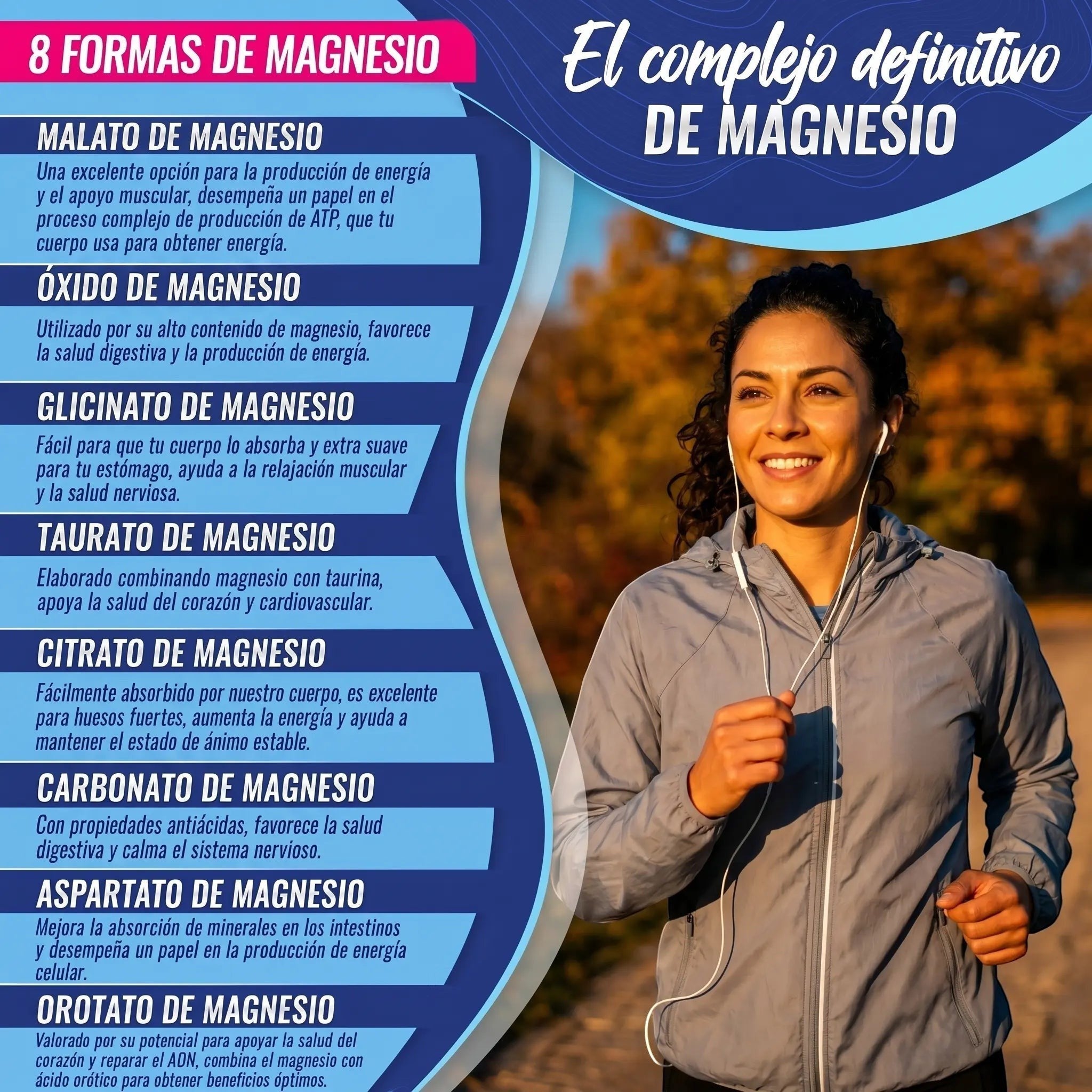 Infografía Natupura sobre Magnesio Complex 8 en 1 con mujer deportista y lista de beneficios de cada tipo de magnesio