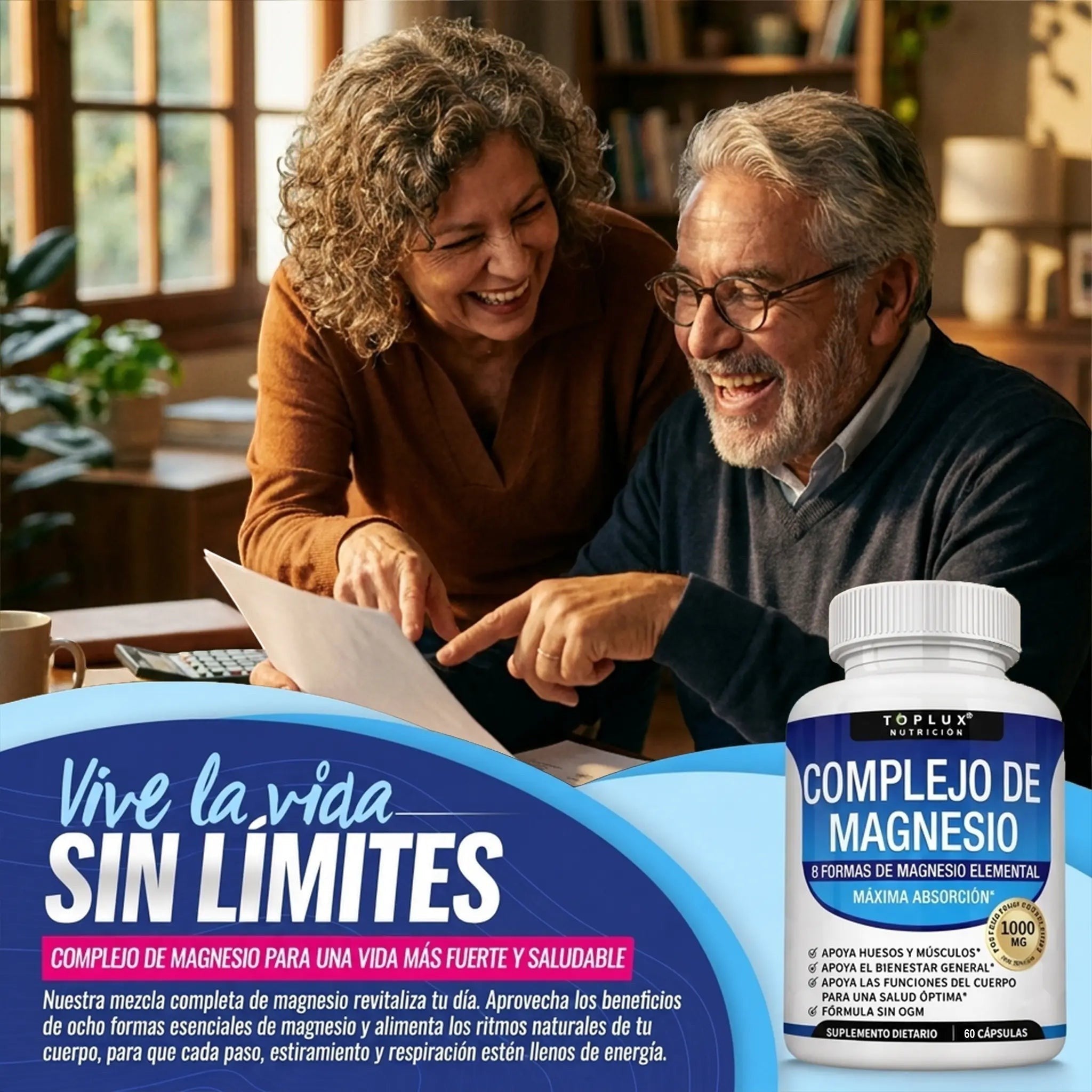 Pareja mayor feliz revisando documentos junto al suplemento Magnesio Complex 8 en 1 de Natupura para energía y sueño