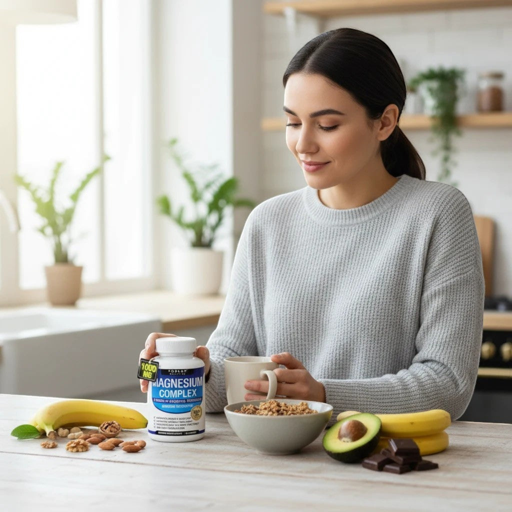 Mujer joven desayunando junto a un frasco de suplemento Natupura Magnesio Complex 8 en 1 sobre una mesa de madera