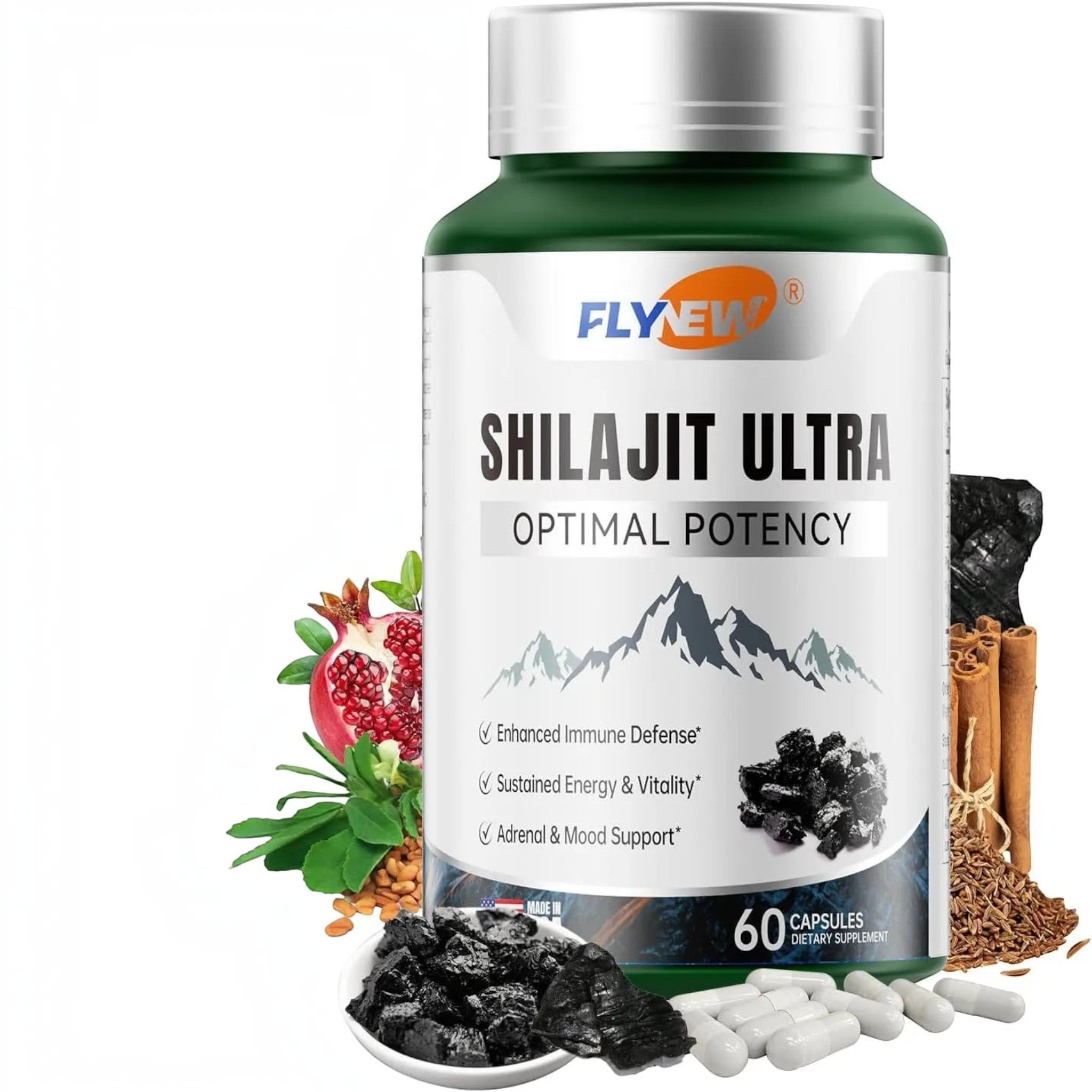 Frasco de suplemento Natupura Shilajit Ultra con cápsulas, resina pura del Himalaya y elementos naturales decorativos