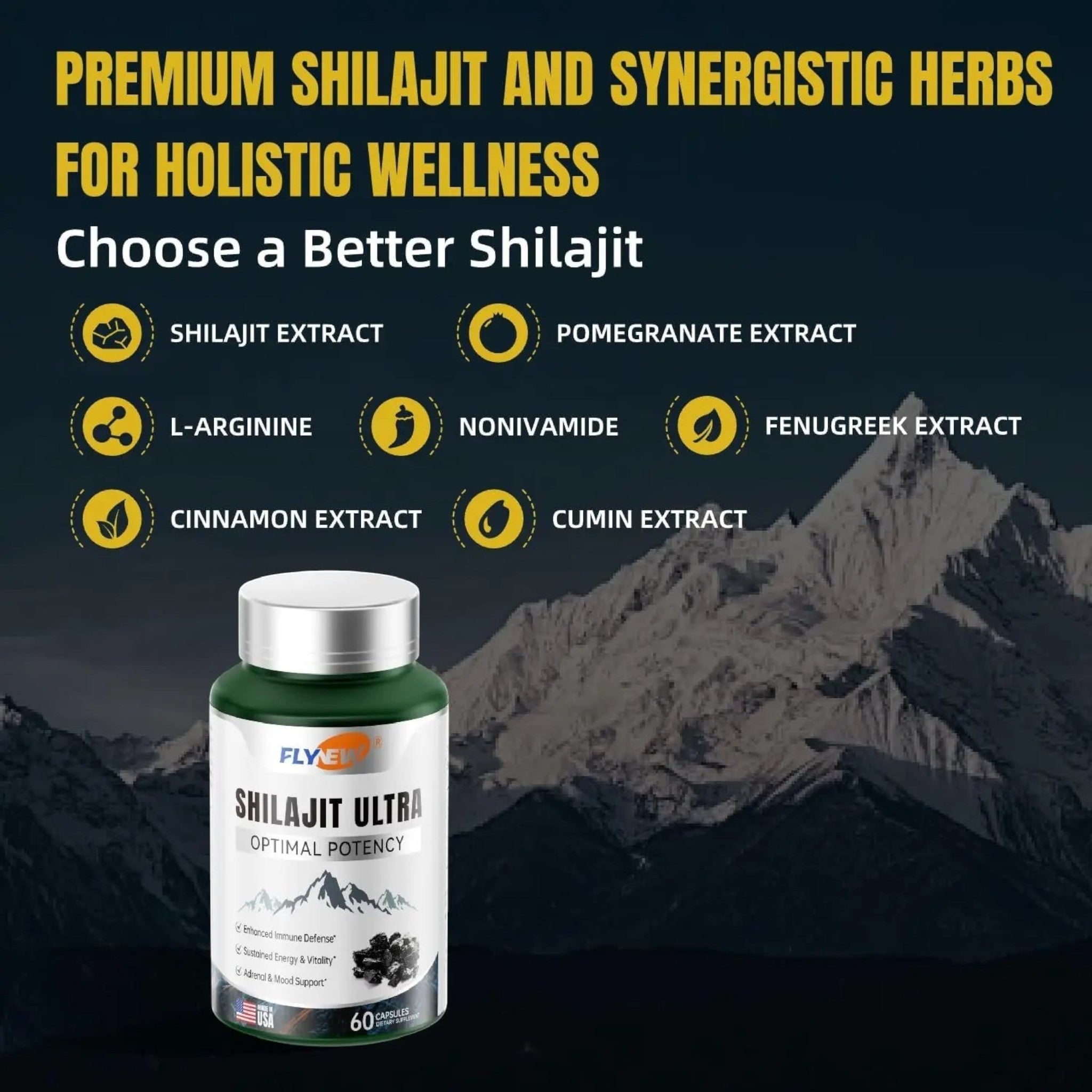 Frasco de Natupura Shilajit Ultra con extractos herbales y minerales para energía y bienestar sobre fondo montañoso