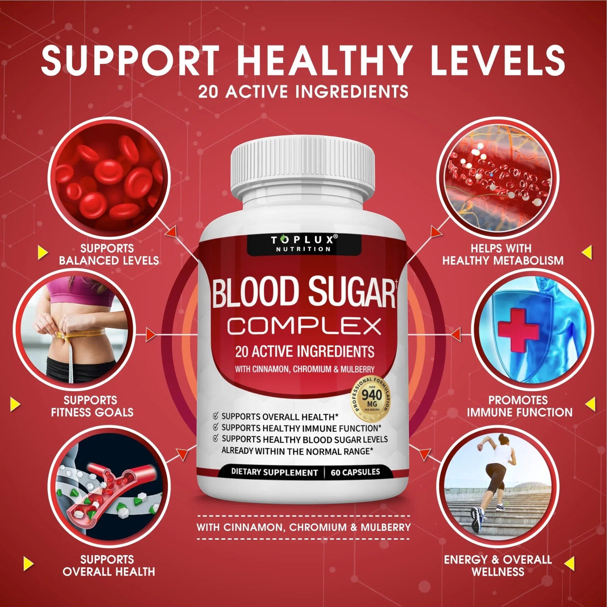 Frasco de Natupura Blood Sugar Complex con 20 activos naturales, incluyendo canela y cromo para el bienestar metabólico