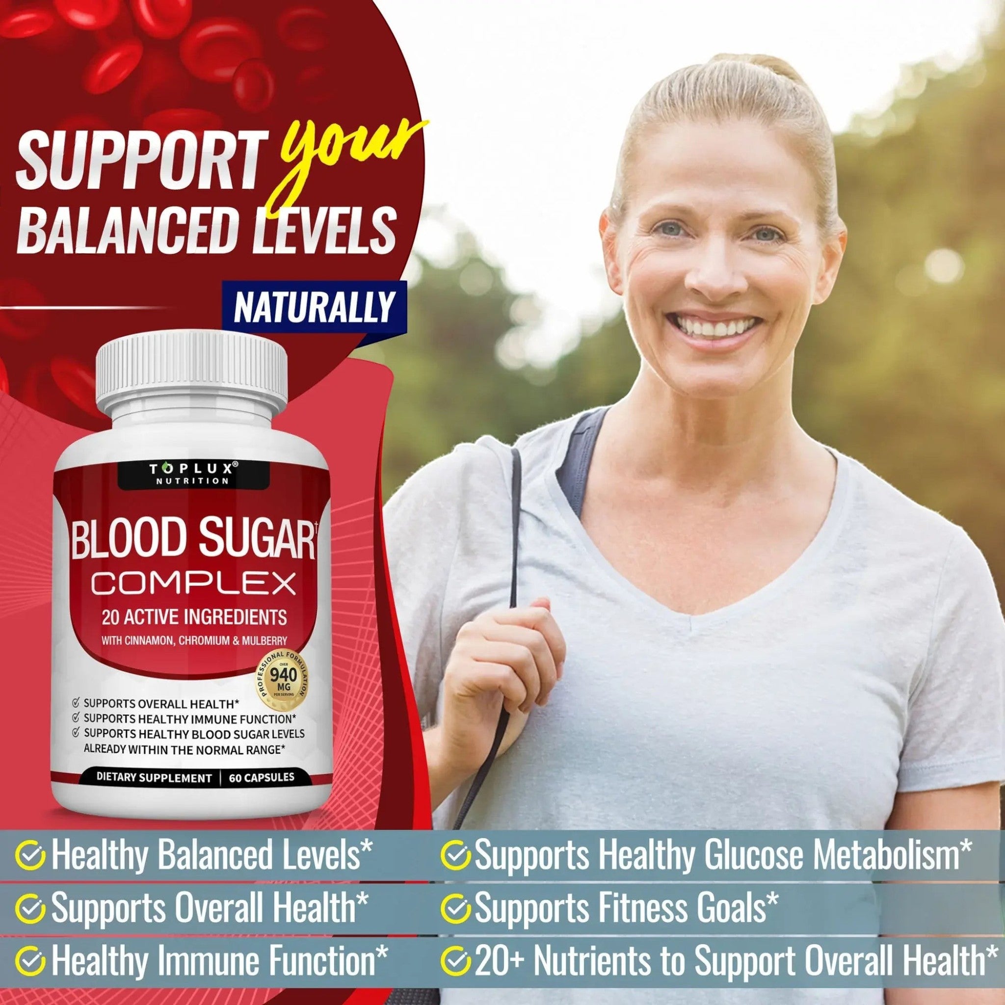 Frasco de suplemento Natupura Blood Sugar Complex junto a una mujer sonriente en un entorno natural y saludable