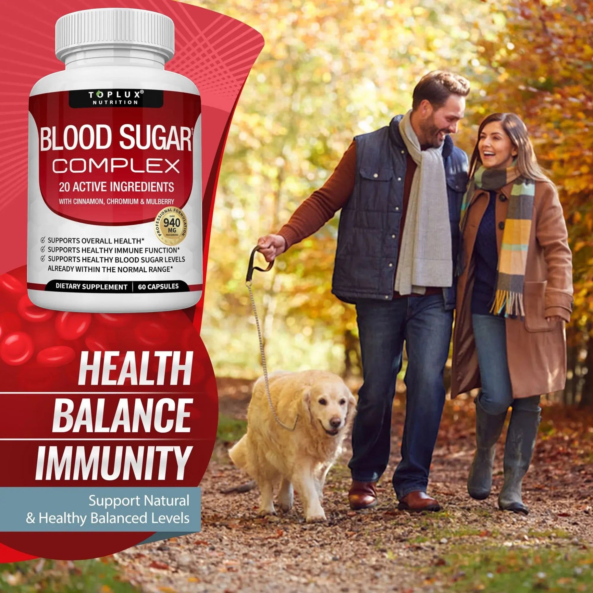 Frasco de Natupura Blood Sugar Complex junto a una pareja paseando a su perro en un parque otoñal