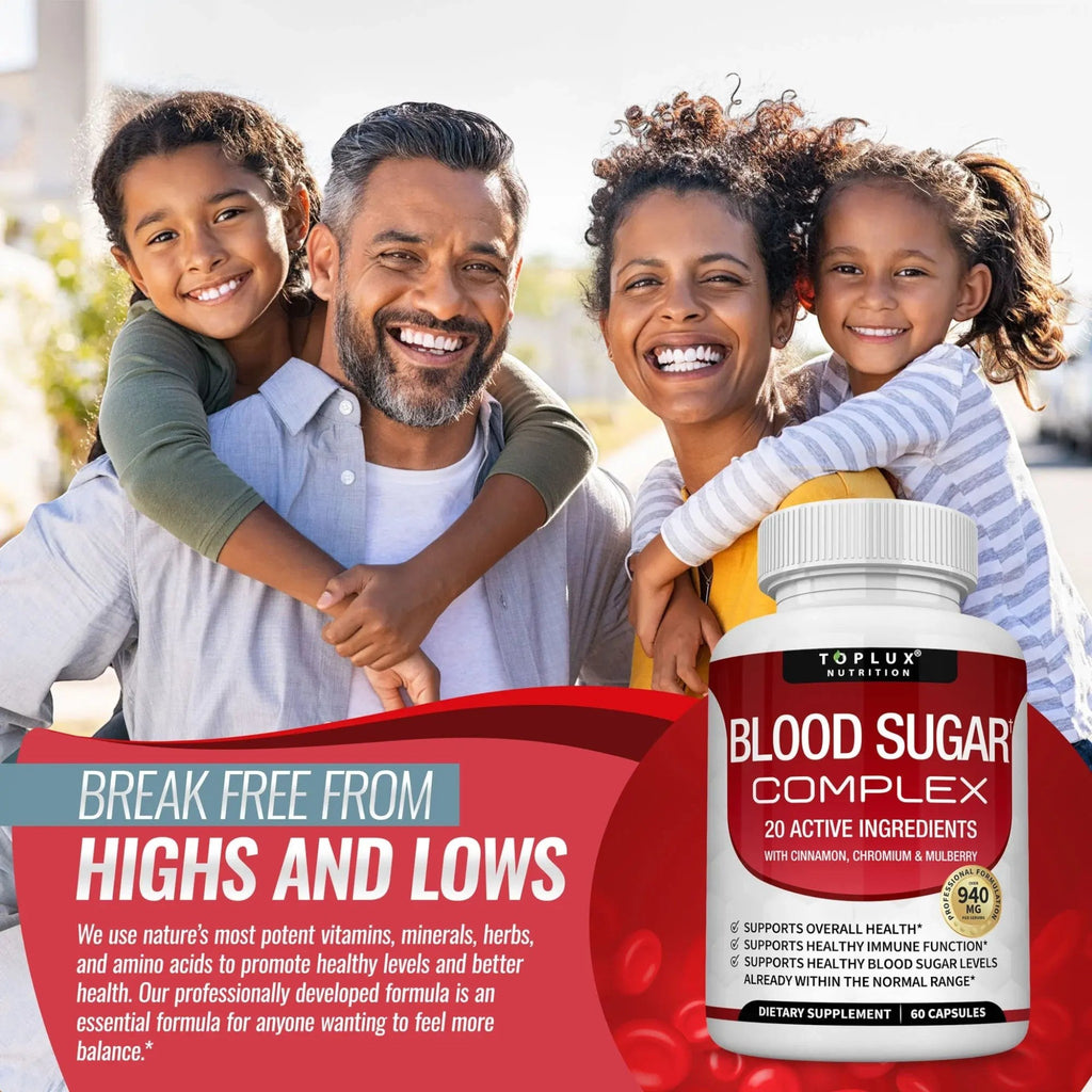 Suplemento Natupura Blood Sugar Complex con familia feliz al fondo, promoviendo bienestar metabólico y energía.
