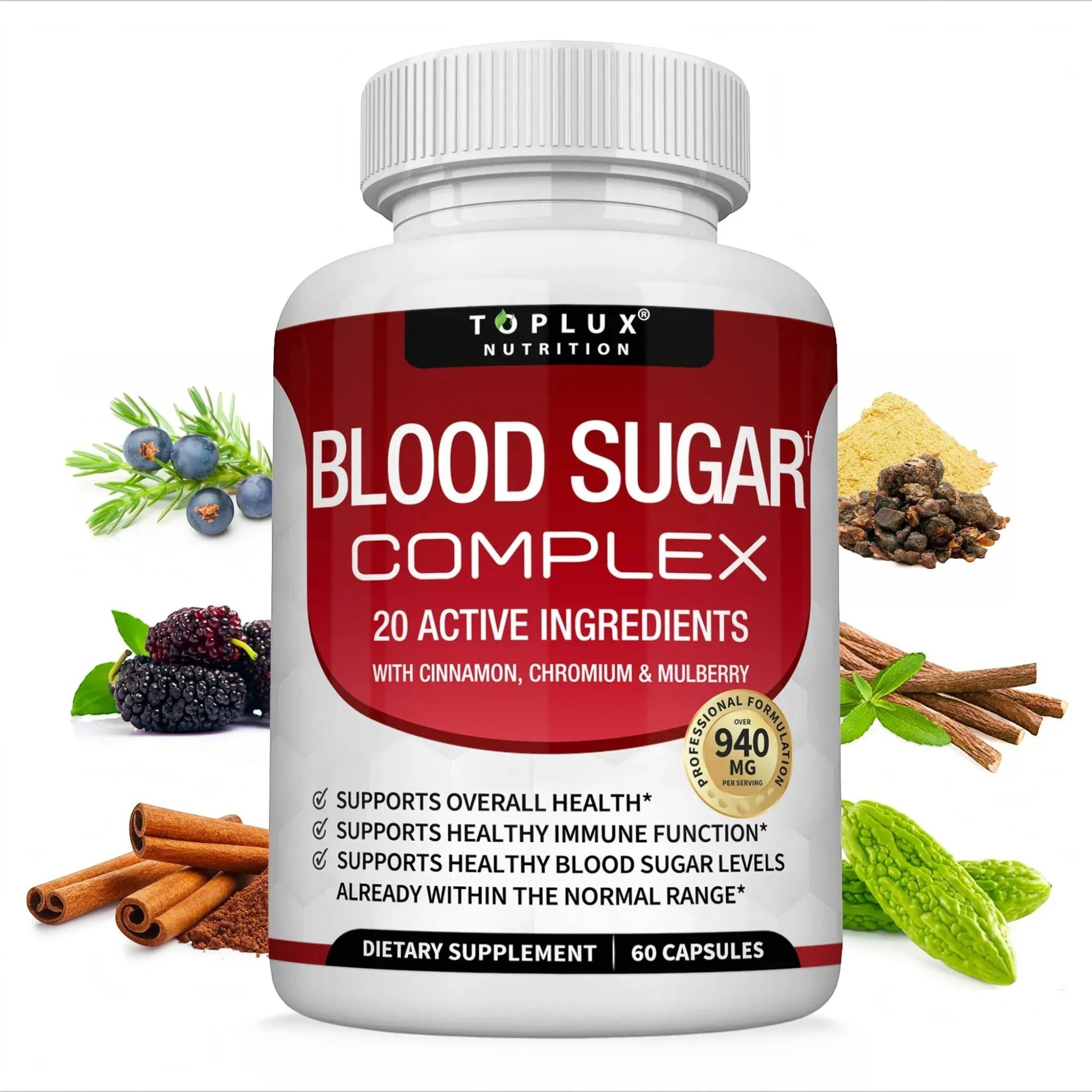 Frasco de suplemento Natupura Blood Sugar Complex con ingredientes naturales como canela y moras para el metabolismo