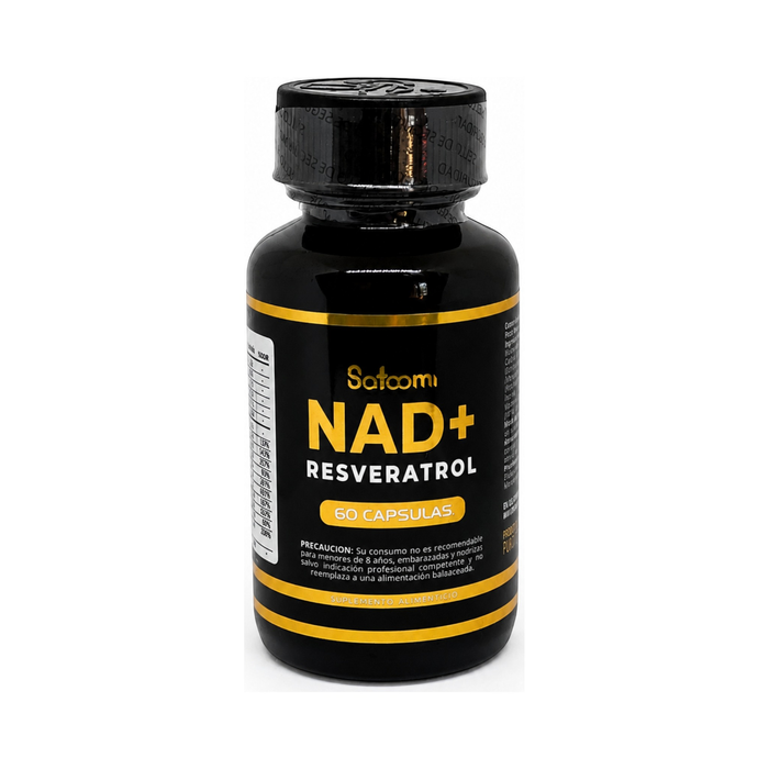 Frasco de suplemento Natupura NAD+ Resveratrol de 60 cápsulas para energía celular y antioxidante