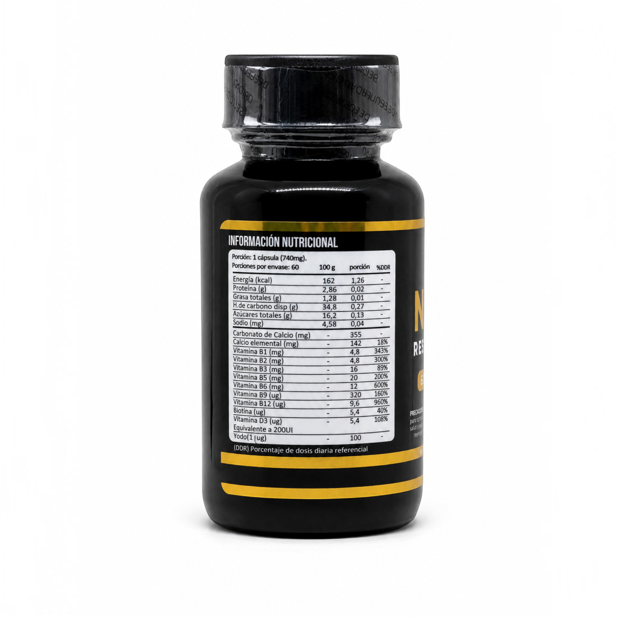 Frasco de suplemento Natupura NAD+ Resveratrol mostrando la etiqueta con información nutricional en fondo blanco.