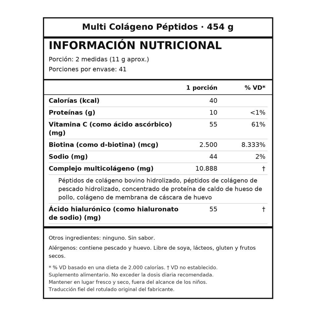 Información nutricional Multi Colágeno Péptidos 454 g