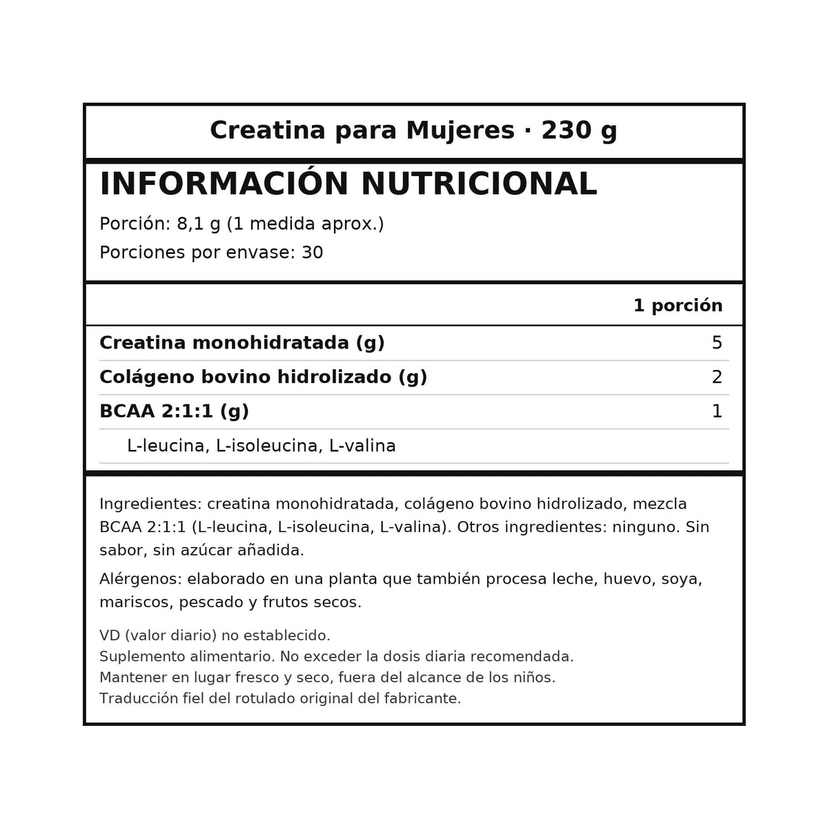Información nutricional Creatina para Mujeres 230 g